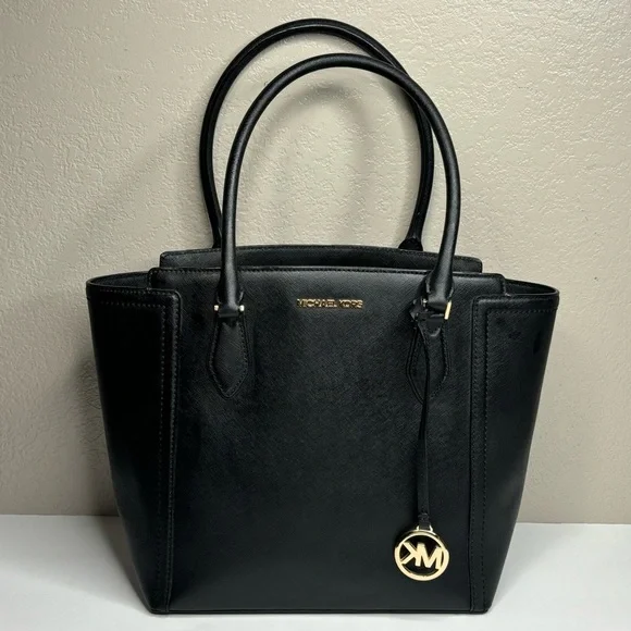 New Michael Kors Black Saffiano Leather Ayden Tote Handbag Top Zip Gold Hardware